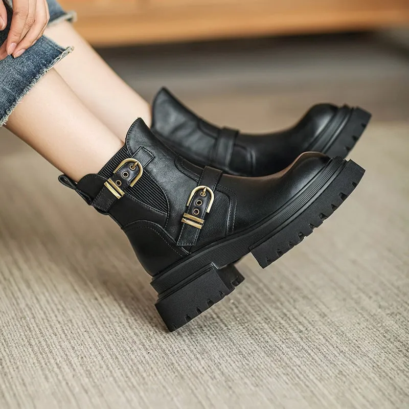 50mm Platform Boots Classic Women's Leather Chelsea Boots Double Buckle in Black