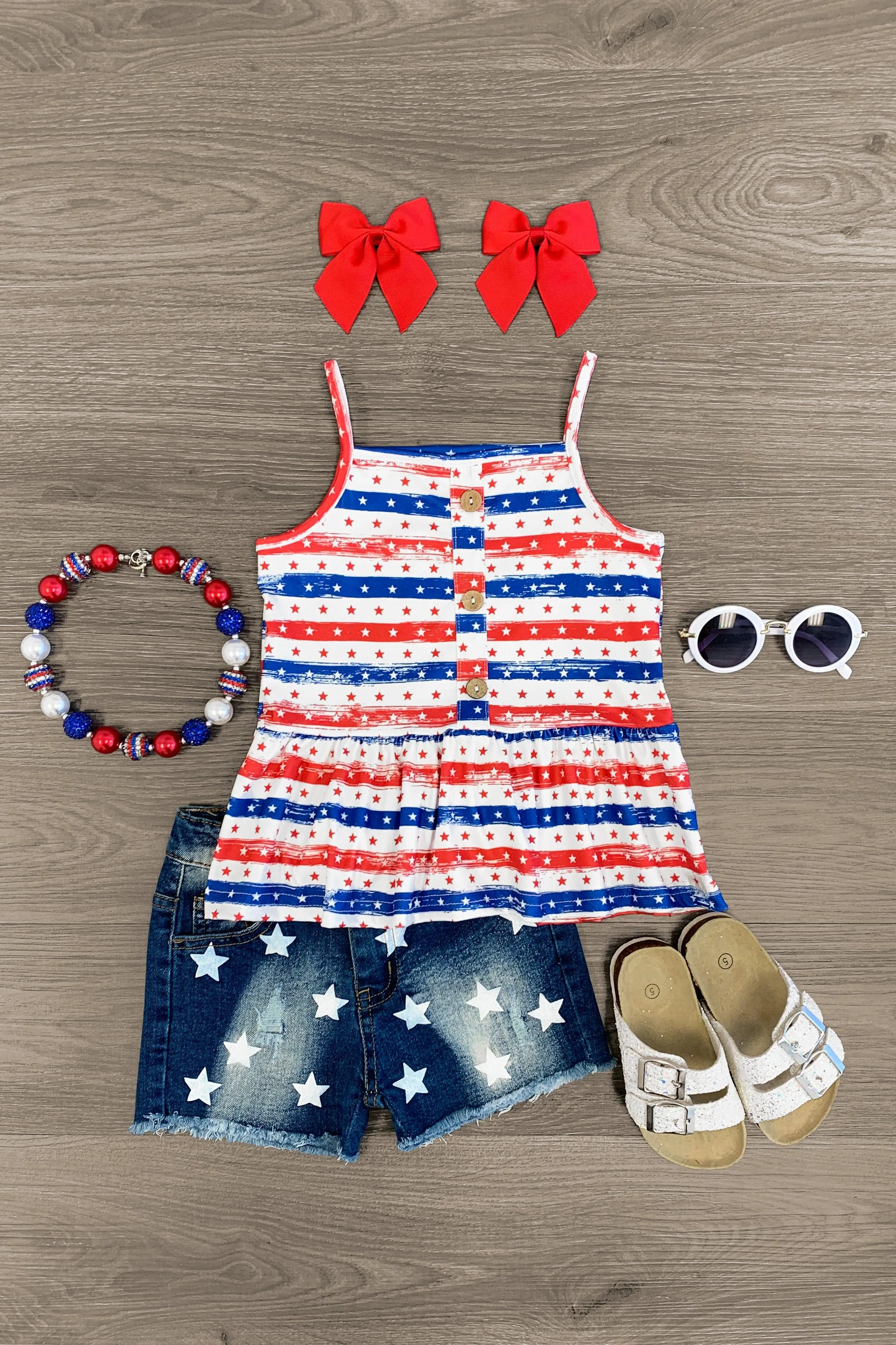 All American Distressed Denim Short Set