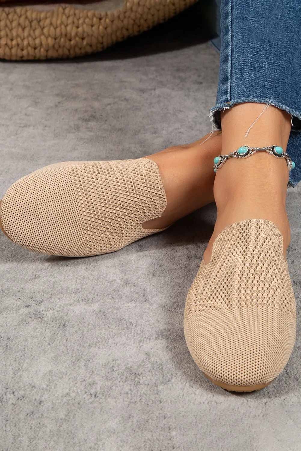 Apricot Breathable Knit Flat Shoes