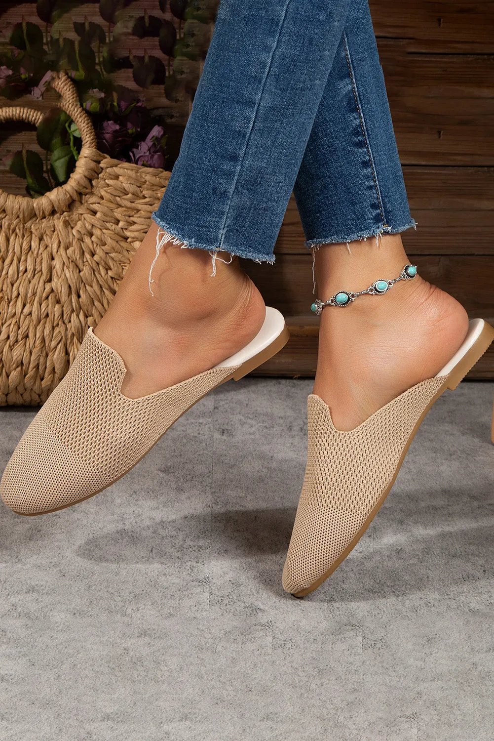 Apricot Breathable Knit Flat Shoes