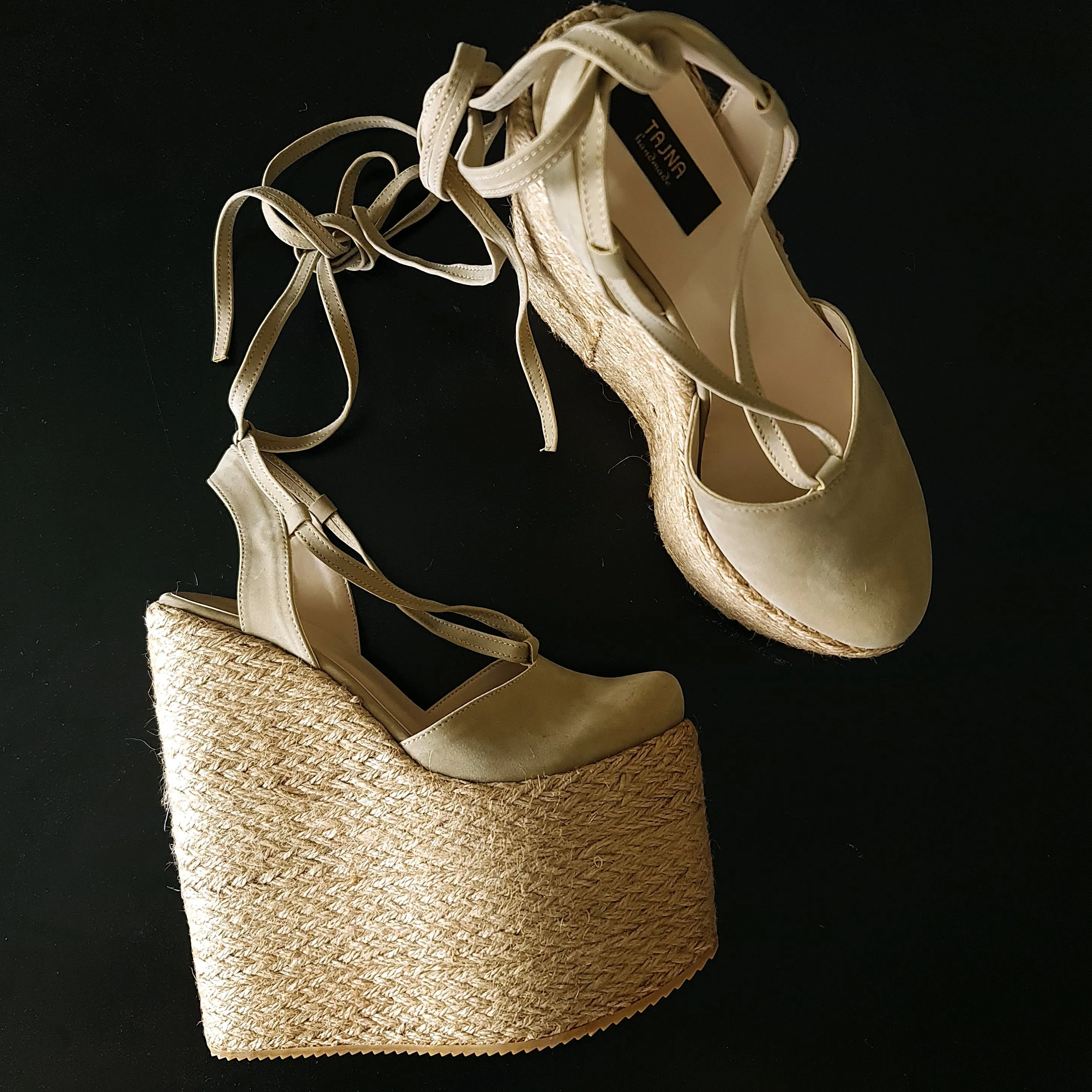 Beige Lace Up  Espadril High Heel Platform Wedges