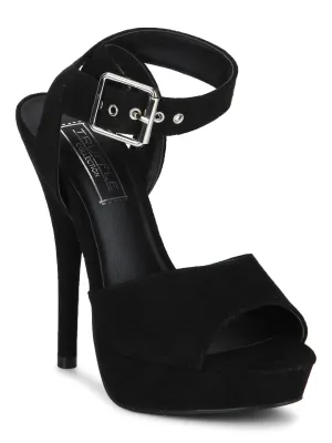 Black Microfibre Ankle Strap Stiletto Pumps