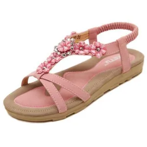 Bohemia Flower Bead Hollow Out Peep Toe Flat Slip On Beach Sandals