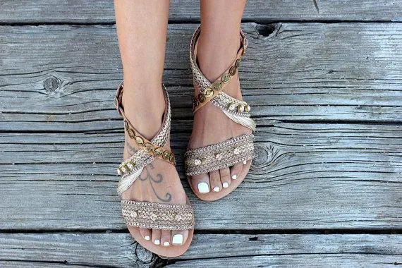 Boho Metal Decoration Flat Bottom Hollowed Casual Plus Size Beach Sandals Shoes