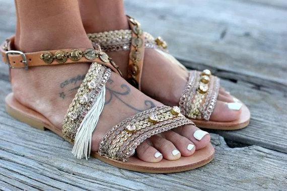 Boho Metal Decoration Flat Bottom Hollowed Casual Plus Size Beach Sandals Shoes