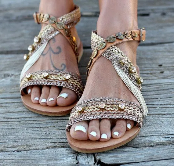 Boho Metal Decoration Flat Bottom Hollowed Casual Plus Size Beach Sandals Shoes