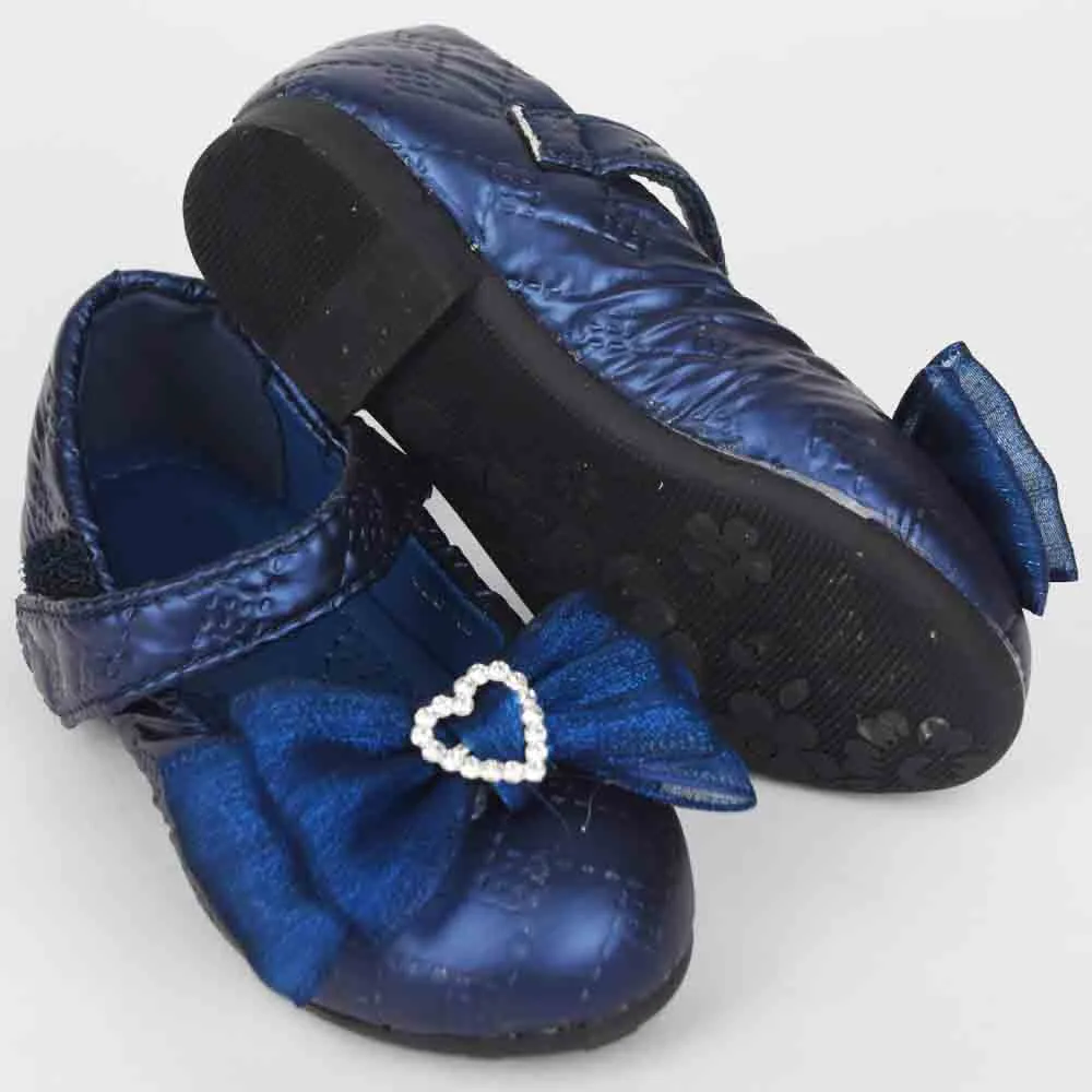 Bow Embellished Velcro Closure Ballerina-Blue, White & Black