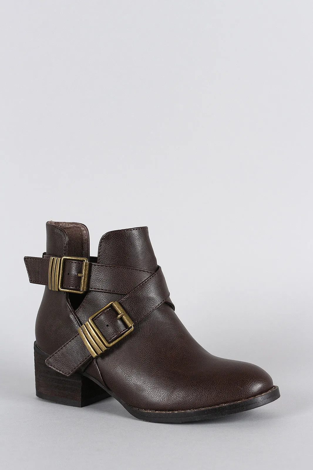 Breckelle Double Buckle Criss Cross Round Toe Cutout Booties