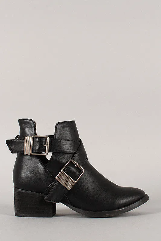 Breckelle Double Buckle Criss Cross Round Toe Cutout Booties