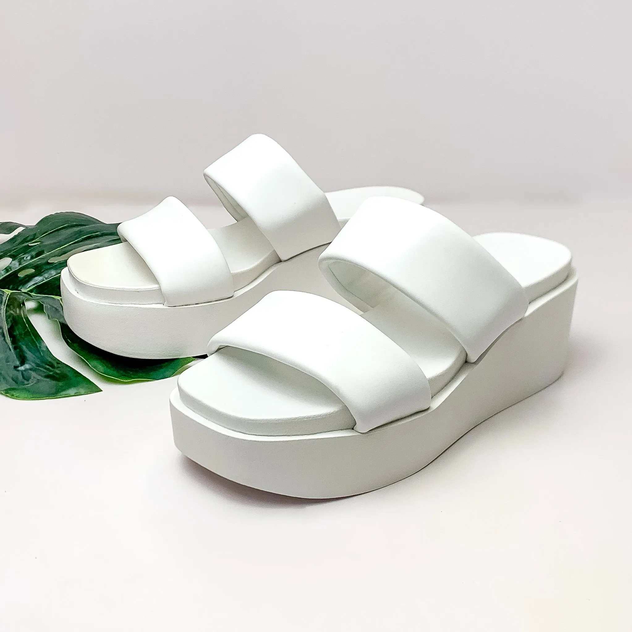 Chasing Tides Two Strap Slide On Platform Wedges in White