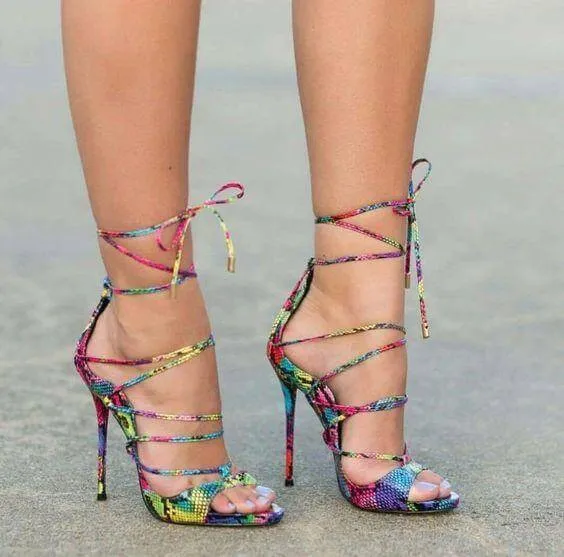 Colorized Snakeskin Cross Strappy Women Shoes