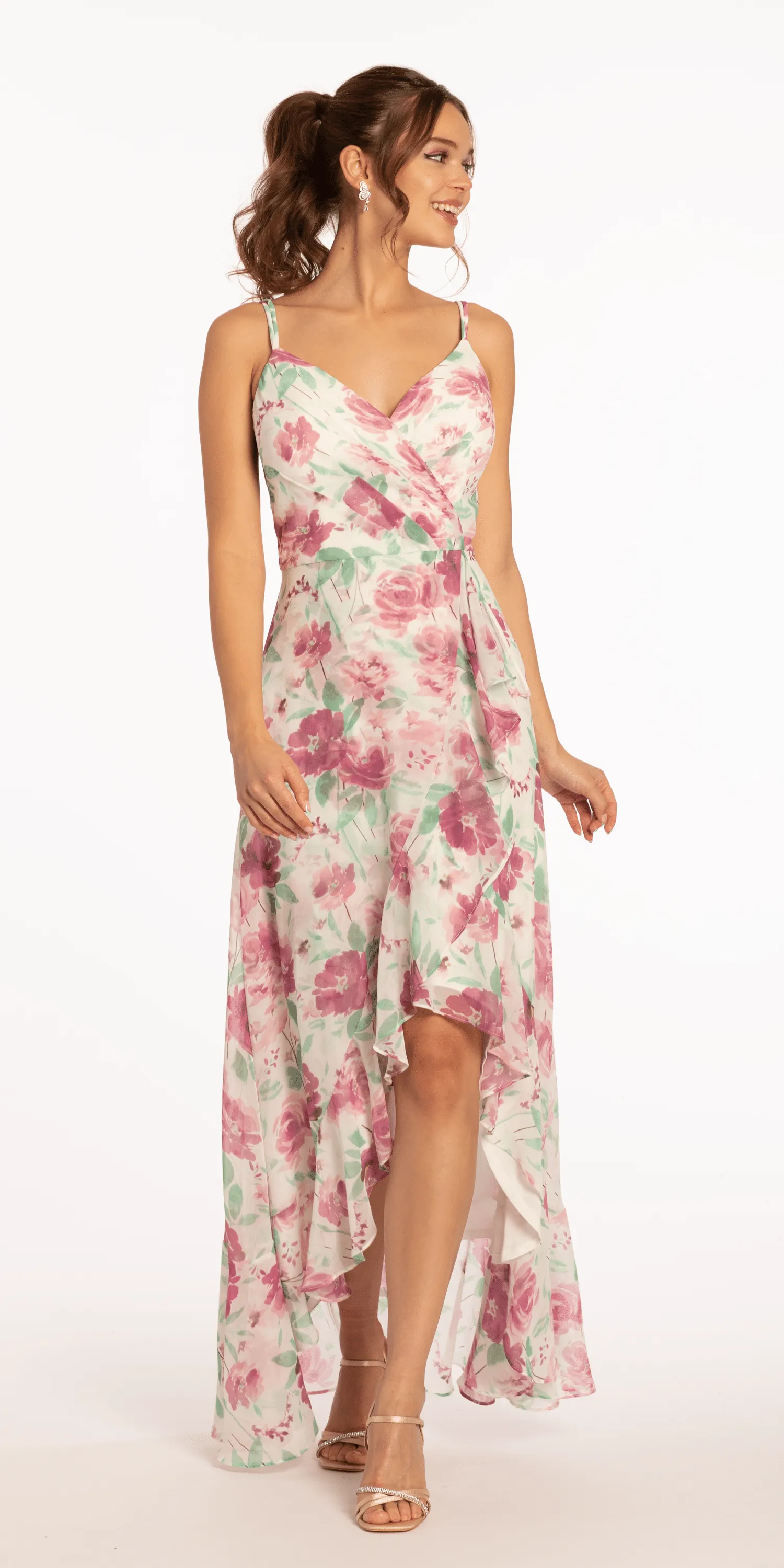 Criss Cross Floral Chiffon High Low Dress