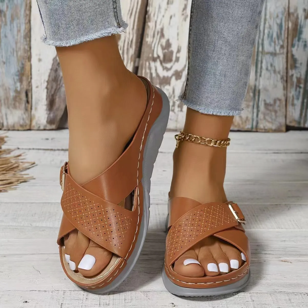 Cross-design Slippers Summer Wedges Sandals Women's Beach Shoes