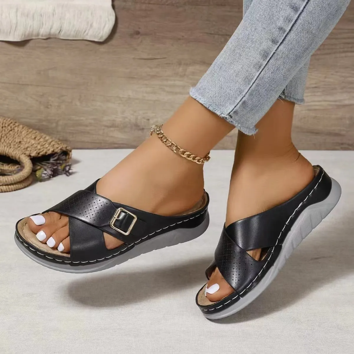 Cross-design Slippers Summer Wedges Sandals Women's Beach Shoes