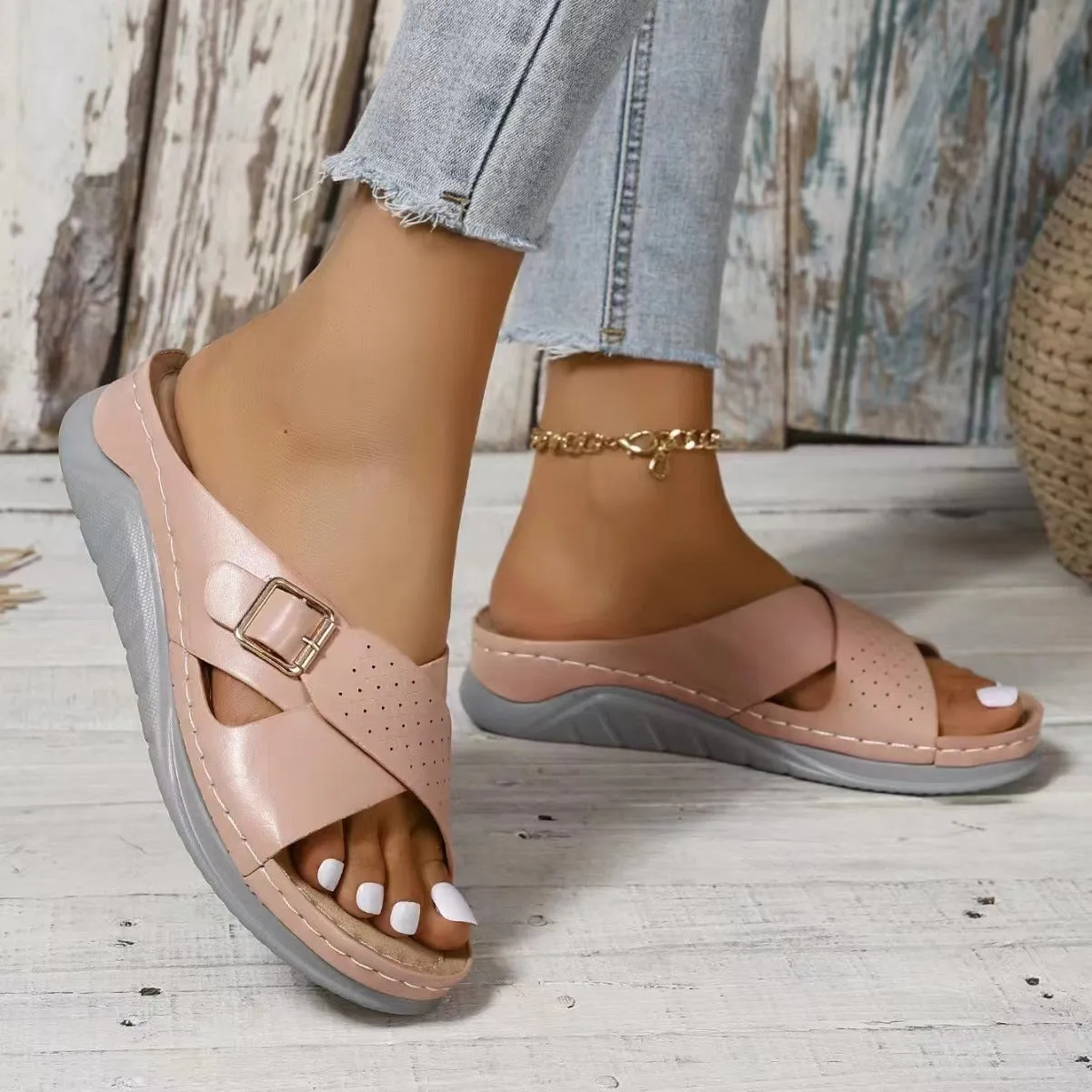 Cross-design Slippers Summer Wedges Sandals Women's Beach Shoes