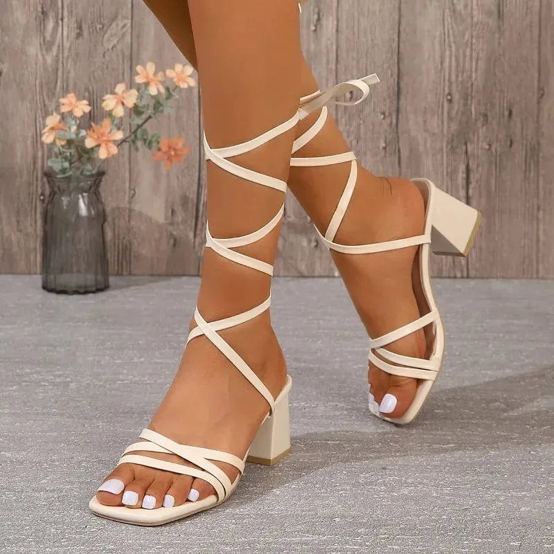 Cross-lace Leather High Heels Shoes