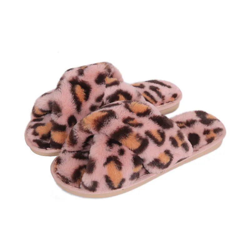 Cross-strap Fuzzy Slippers Leopard Plush House Shoes Flat Bedroom Slippers Slippers For Women