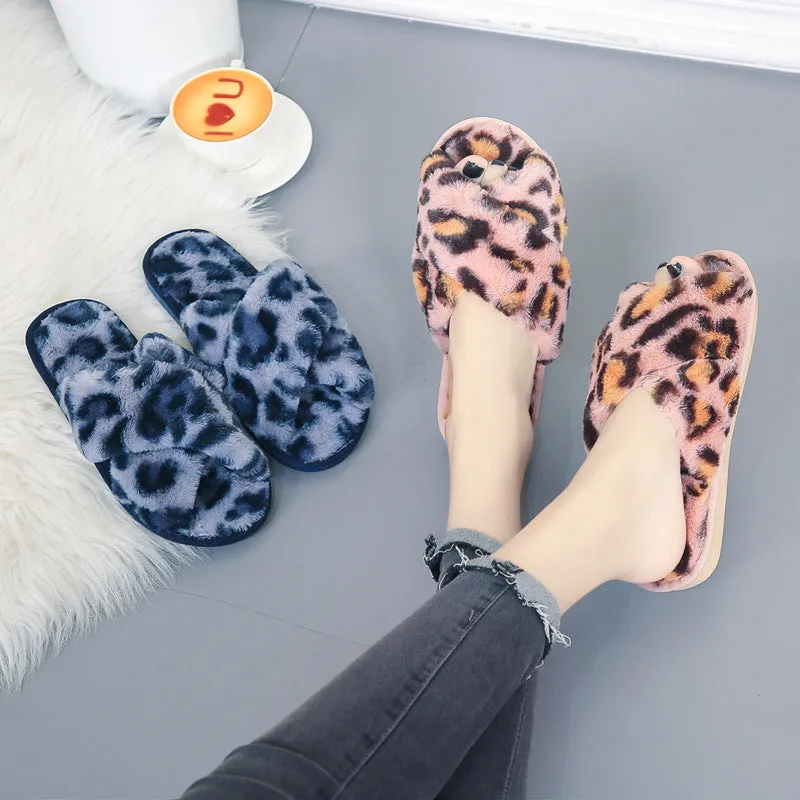 Cross-strap Fuzzy Slippers Leopard Plush House Shoes Flat Bedroom Slippers Slippers For Women