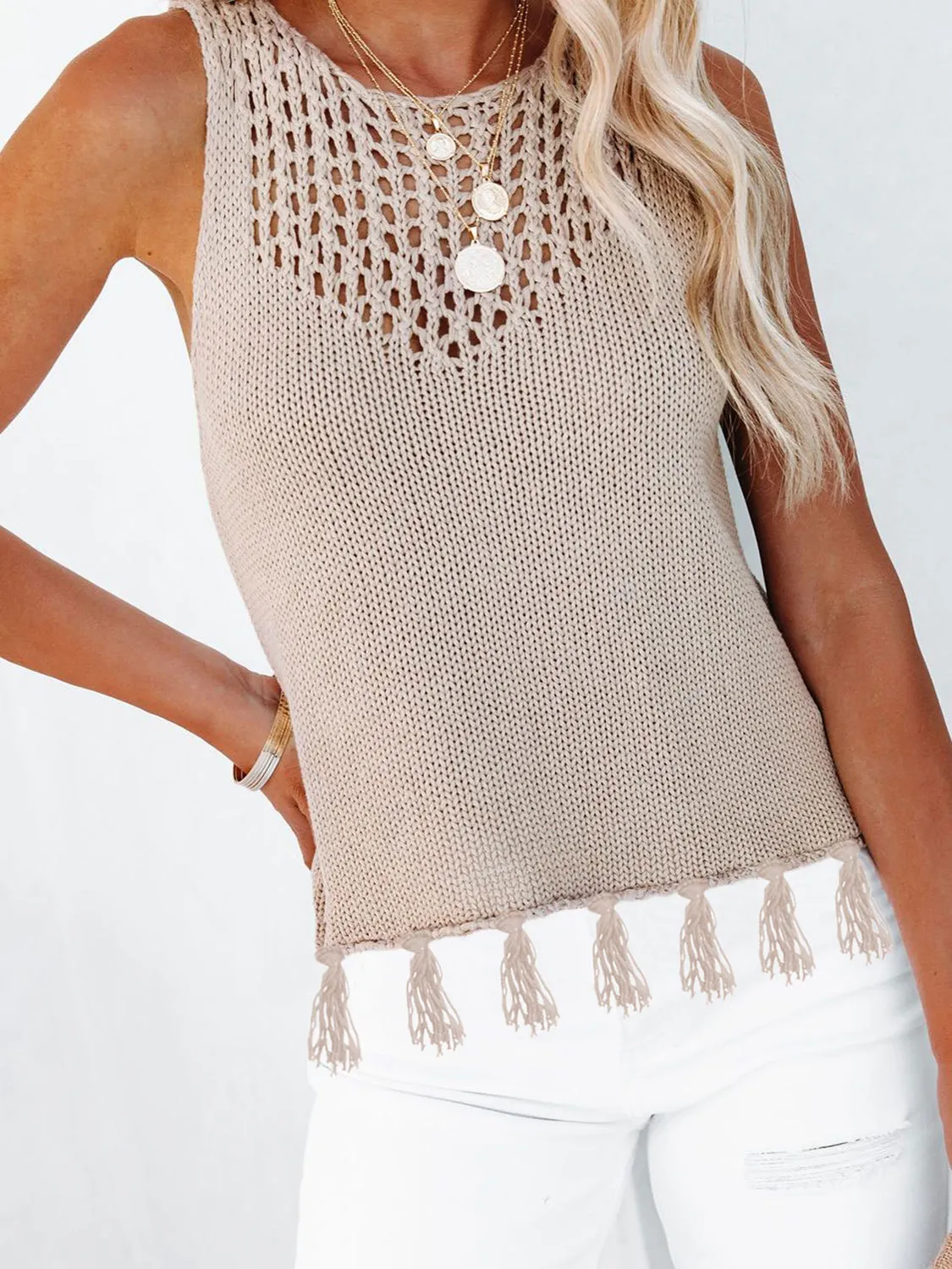 Cutout Tassel Round Neck Tank