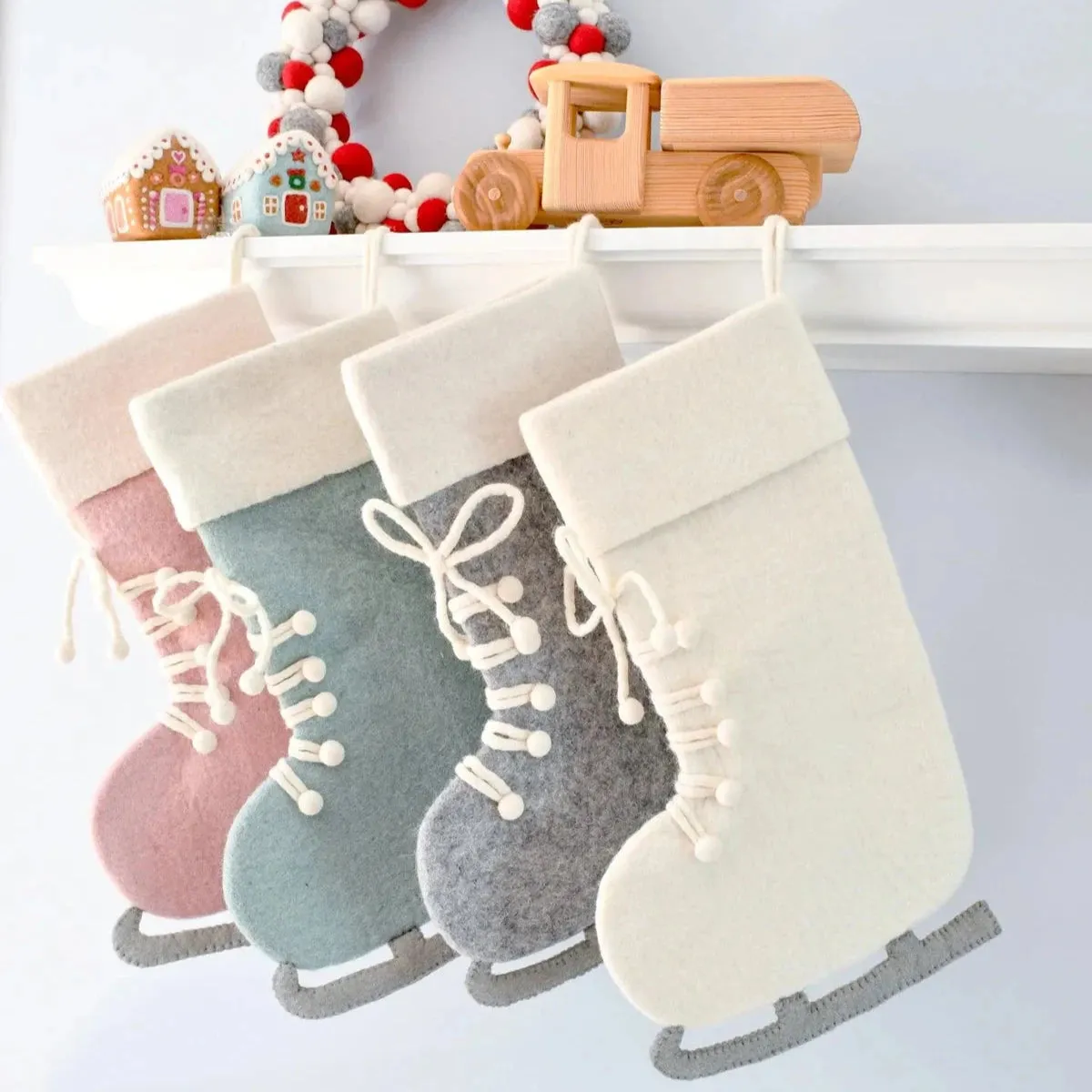 Felt Ice Skating Christmas Stocking - Pink