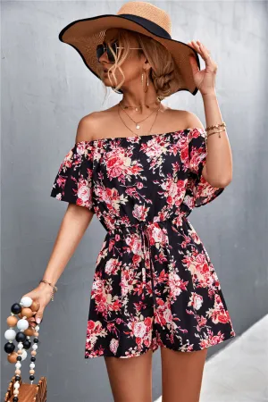 Floral Off-Shoulder Drawstring Waist Romper