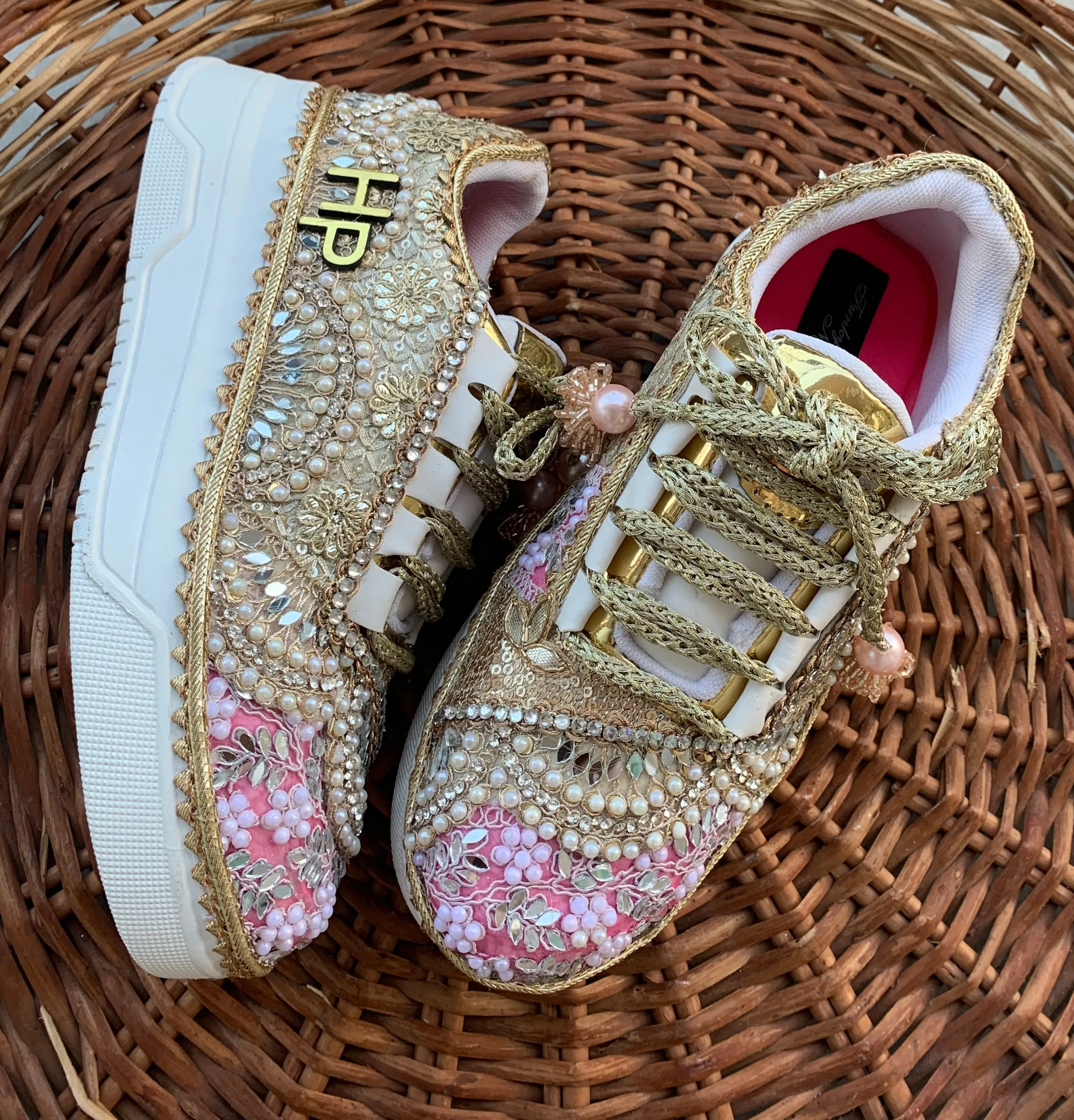 FUNKY N TRENDY baby pink and gold sneakers for brides / bridesmaids/ pink sneakers / baby pink sneakers / bridal sneakers / bridesmaid sneakers/ golden hand work sneakers/ pink shoes with custom name initials