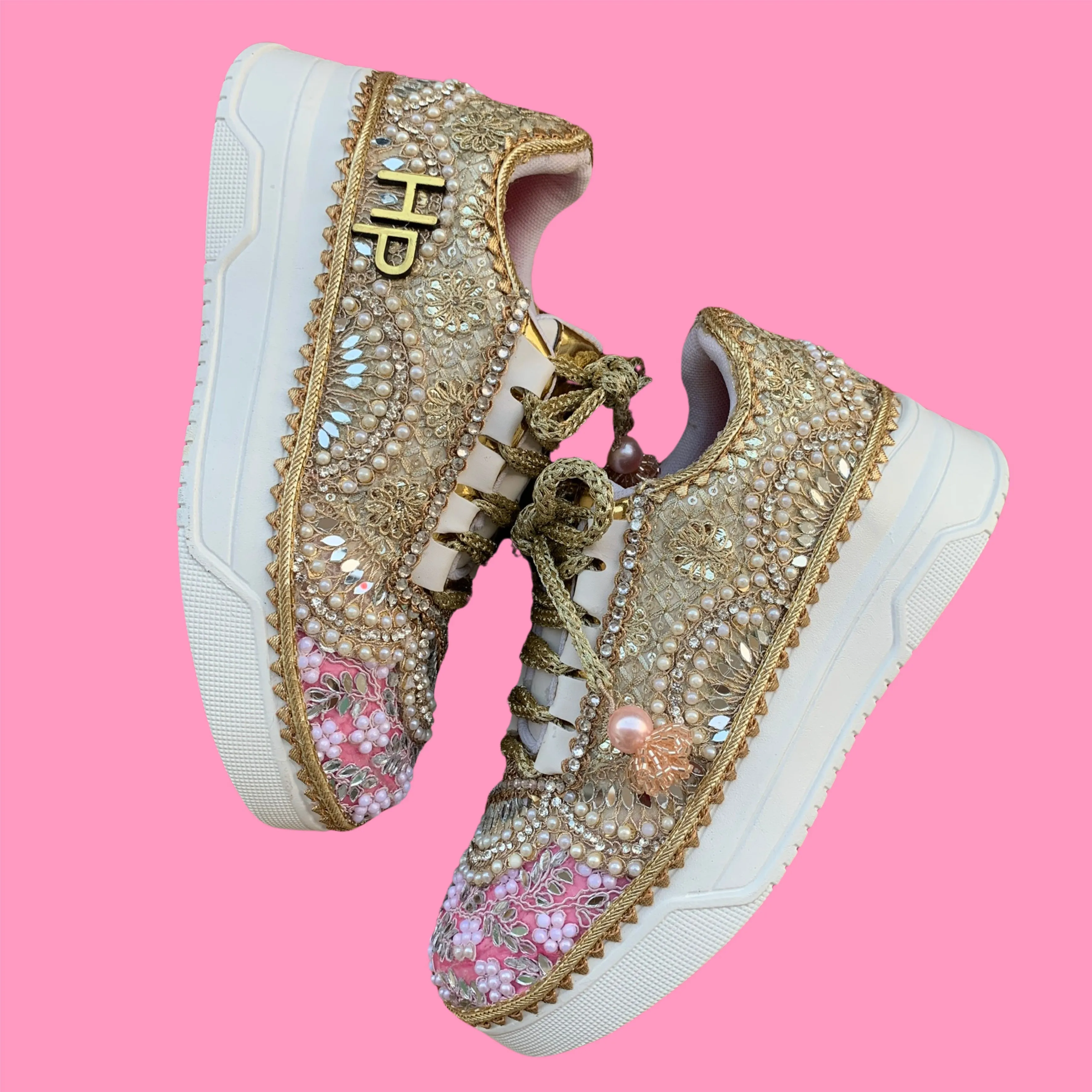 FUNKY N TRENDY baby pink and gold sneakers for brides / bridesmaids/ pink sneakers / baby pink sneakers / bridal sneakers / bridesmaid sneakers/ golden hand work sneakers/ pink shoes with custom name initials