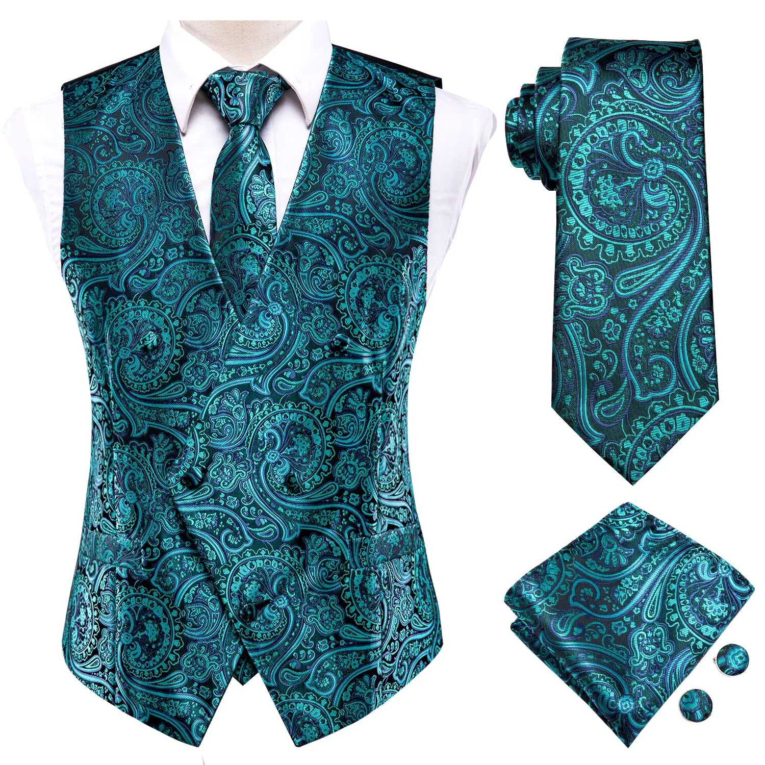 Green Paisley Silk Men's Vest Hanky Cufflinks Tie Set Waistcoat Suit Set