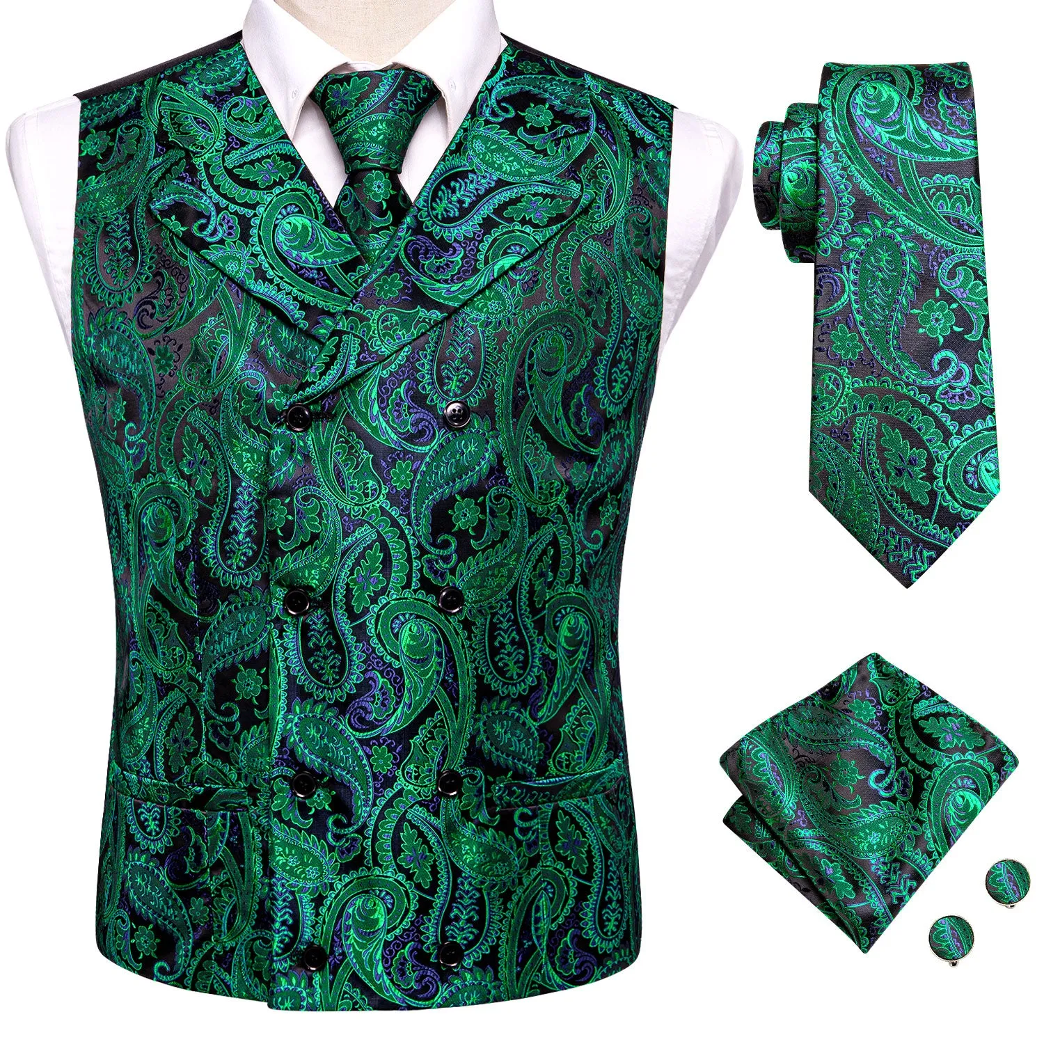 Green Purple Black Paisley Silk Men's Vest Hanky Cufflinks Tie Set Waistcoat Suit Set