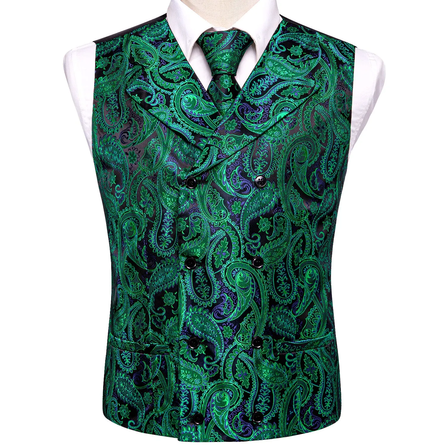 Green Purple Black Paisley Silk Men's Vest Hanky Cufflinks Tie Set Waistcoat Suit Set