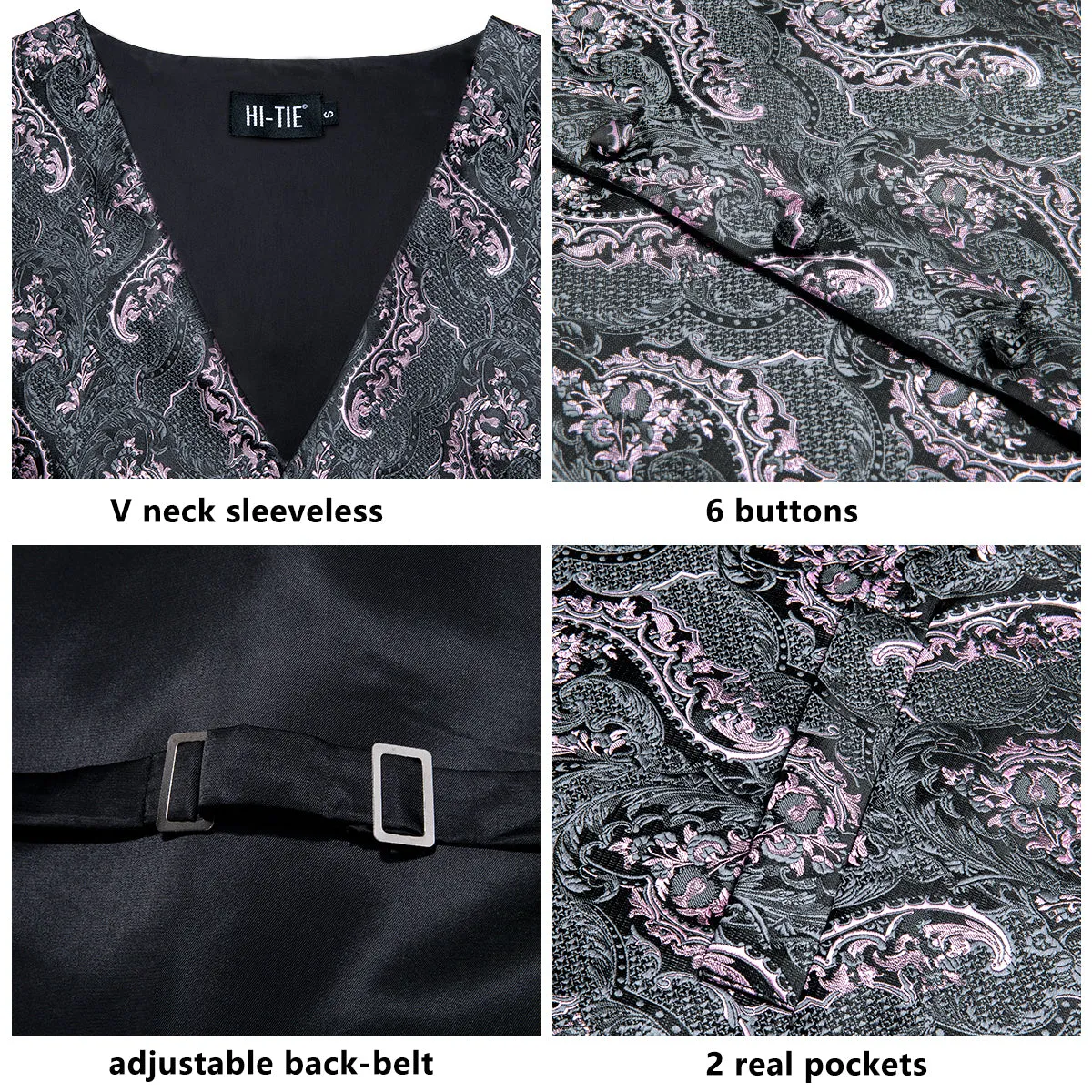 Grey Pink Paisley Silk Men's Vest Hanky Cufflinks Tie Set Waistcoat Suit Set