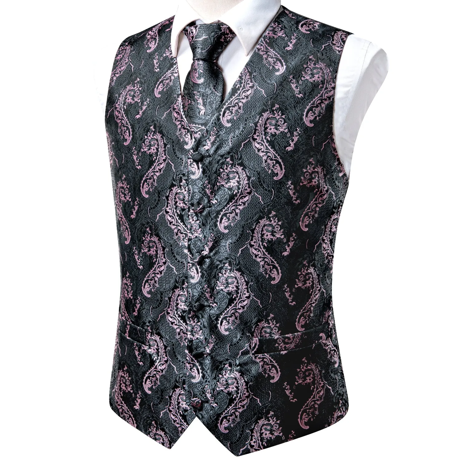 Grey Pink Paisley Silk Men's Vest Hanky Cufflinks Tie Set Waistcoat Suit Set