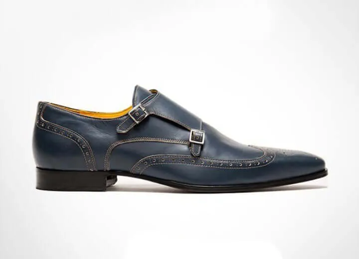 Handmade Men's Monk Shoes, Men's Navy Blue Leather Double Monk Strap Wing Tip Shoes.