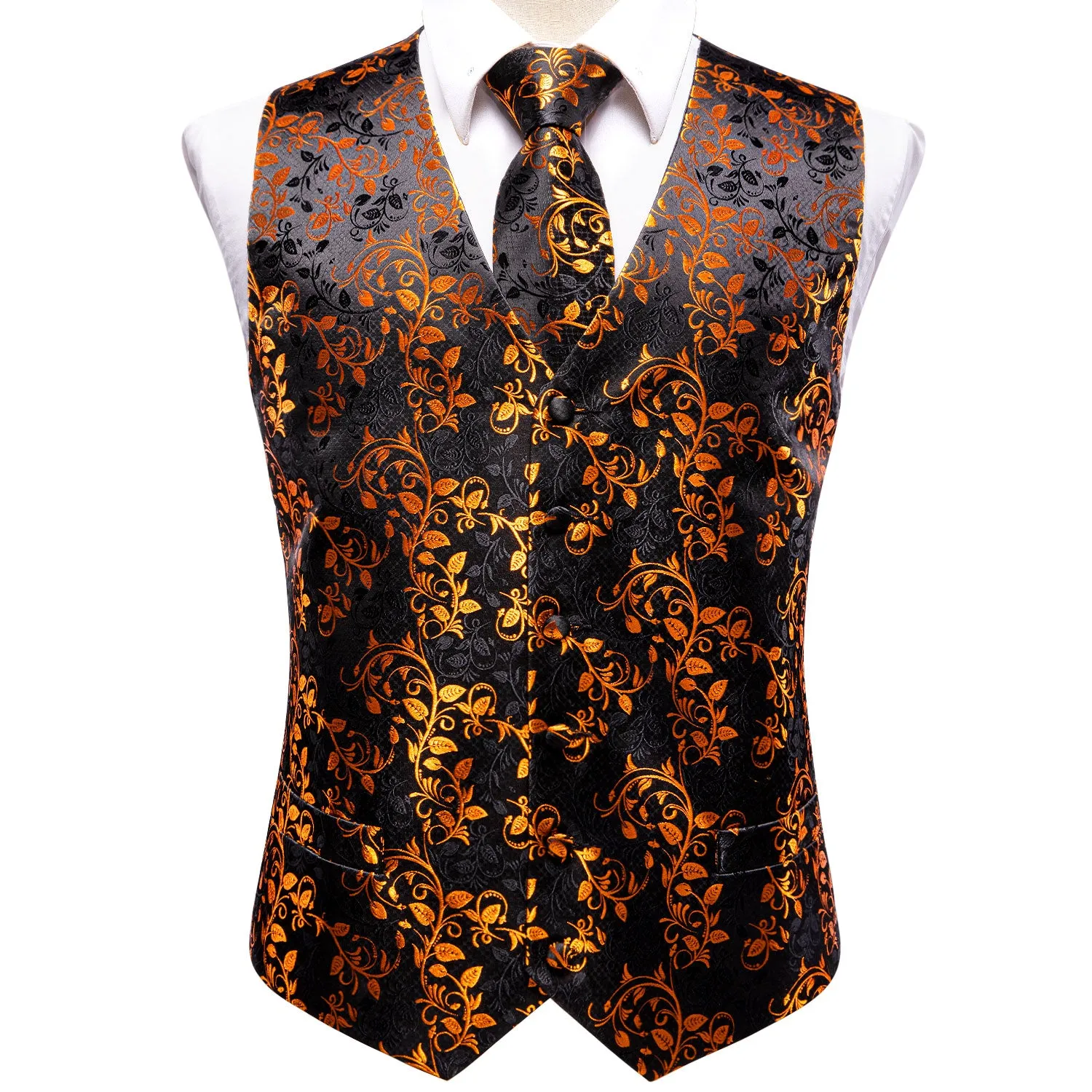 Hi-Tie Black Golden Leaves Silk Men's Vest Hanky Cufflinks Tie Set Waistcoat Suit Set