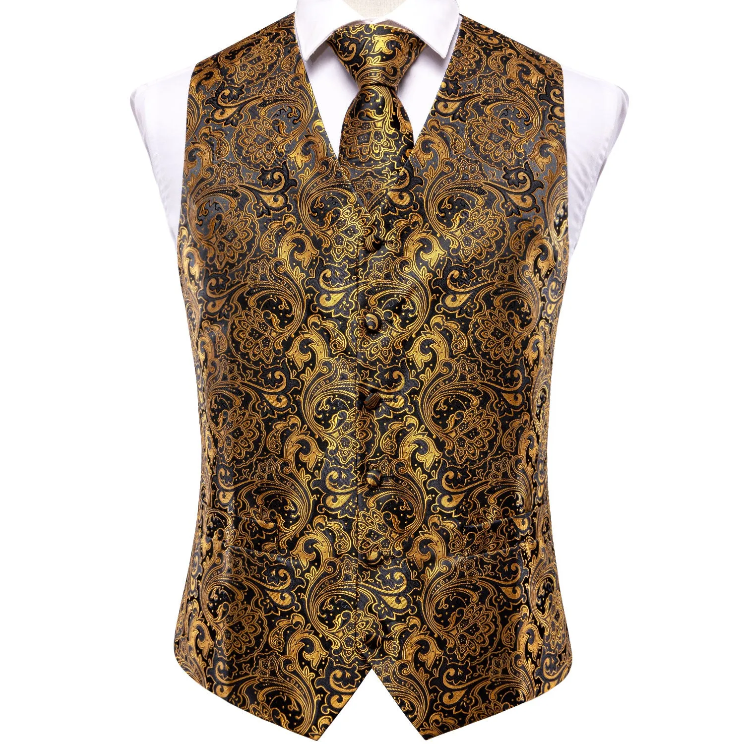 Hi-Tie Classic Black Gloden Paisley Silk Men's Vest Hanky Cufflinks Tie Set Waistcoat Suit Set