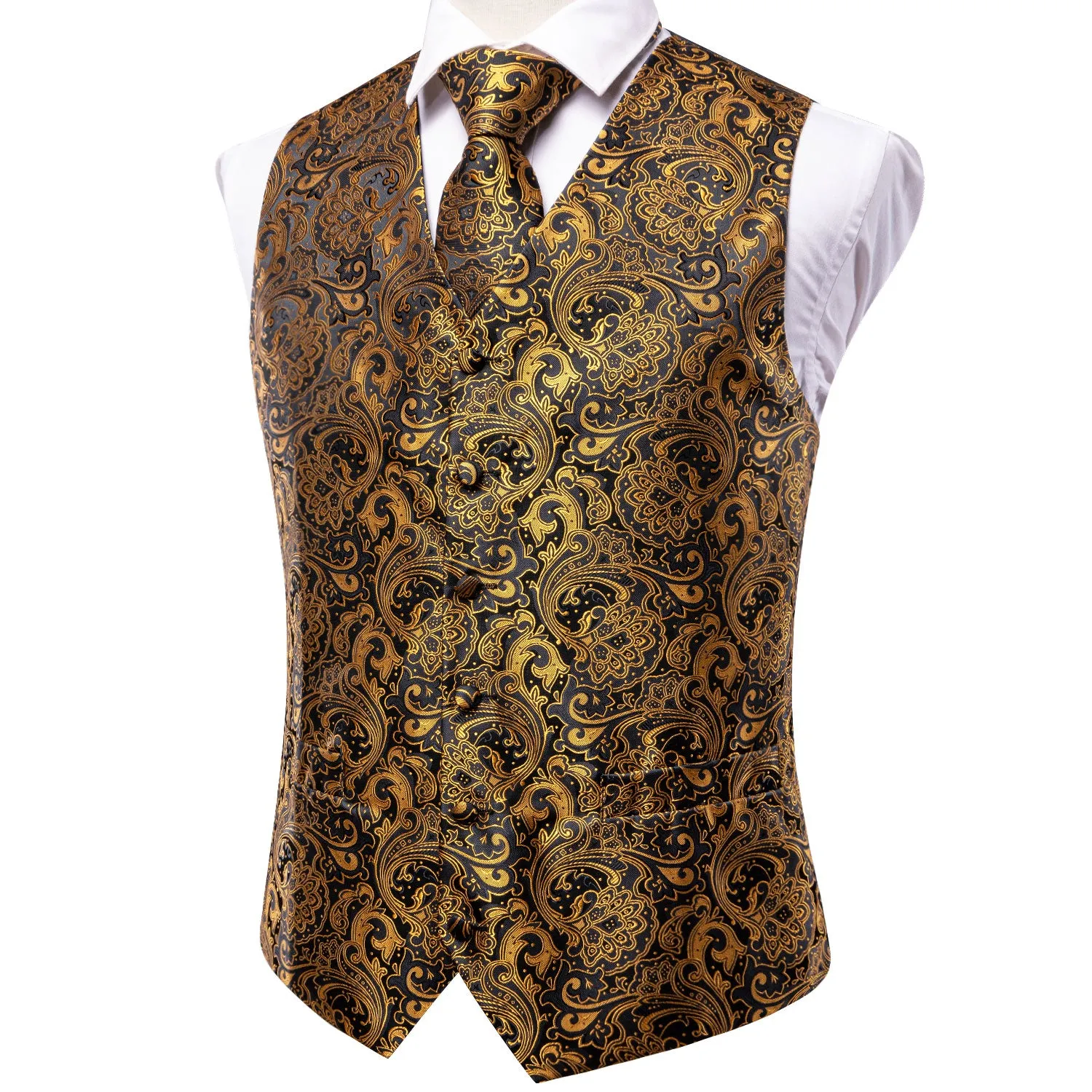 Hi-Tie Classic Black Gloden Paisley Silk Men's Vest Hanky Cufflinks Tie Set Waistcoat Suit Set