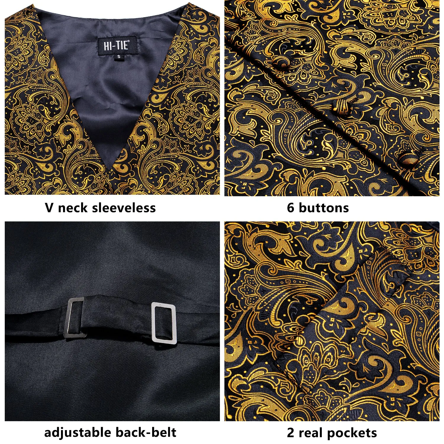 Hi-Tie Classic Black Gloden Paisley Silk Men's Vest Hanky Cufflinks Tie Set Waistcoat Suit Set