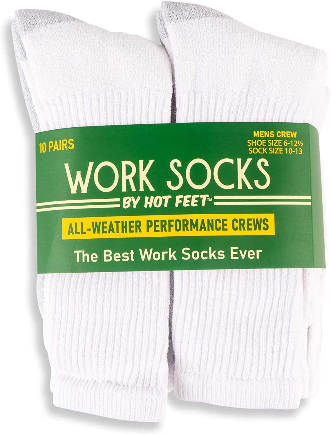 HOT FEET 10 pack Men’s Crew Work and Outdoor Sock, Cotton Blend, Cushioned Foot, Reinforced Heel and Toe