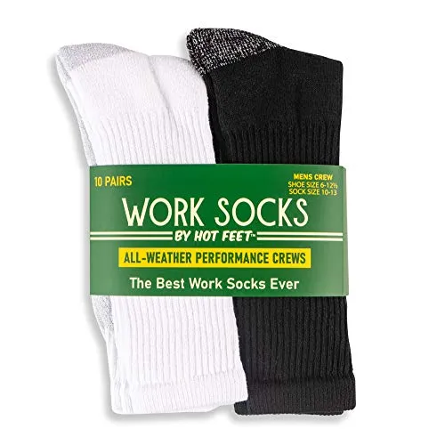 HOT FEET 10 pack Men’s Crew Work and Outdoor Sock, Cotton Blend, Cushioned Foot, Reinforced Heel and Toe