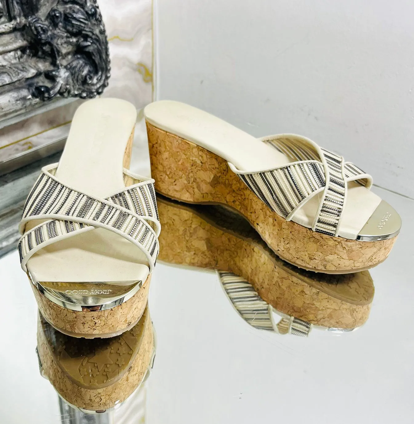 Jimmy Choo Mesh, Leather & Cork Wedge Sandals. Size 37.5