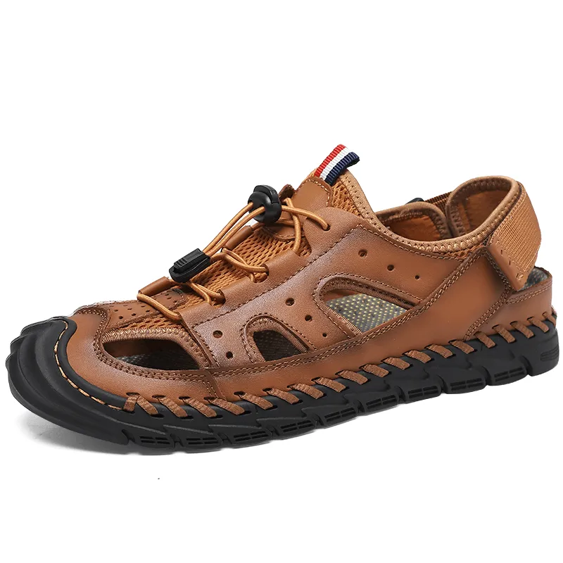 kkboxly kkboxly Men Cowhide Leather Breathable Mesh Hand Stitching Non Slip Soft Casual Outdoor Sandals