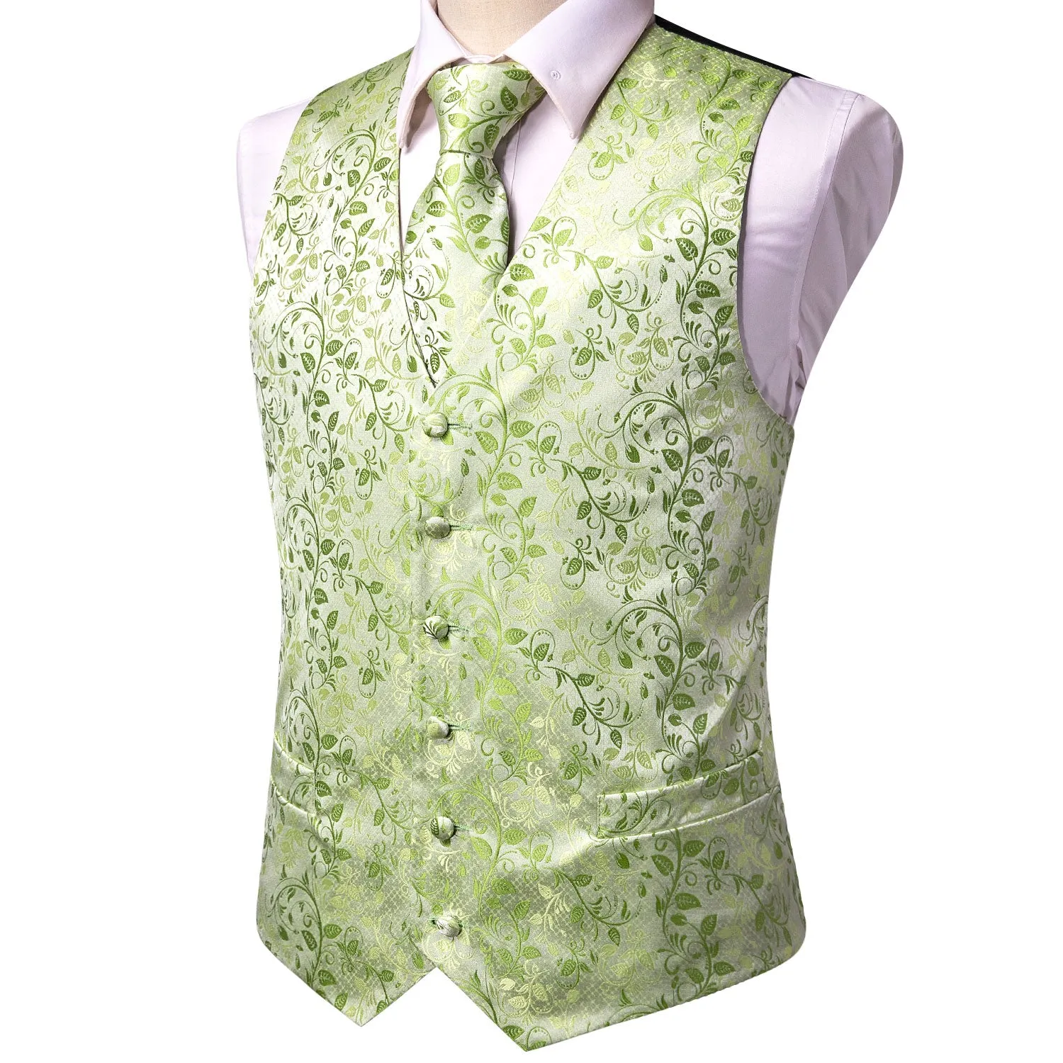 Light Green Leaves Silk Men's Vest Hanky Cufflinks Tie Set Waistcoat Suit Set