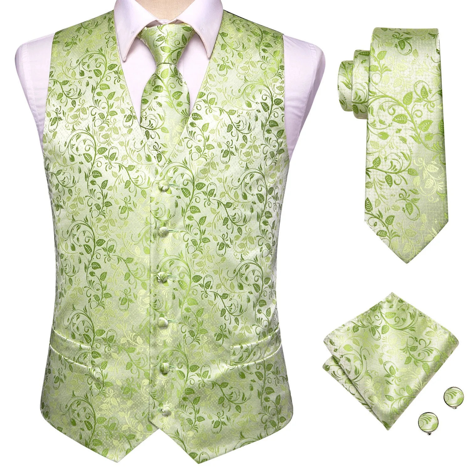 Light Green Leaves Silk Men's Vest Hanky Cufflinks Tie Set Waistcoat Suit Set