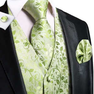 Light Green Leaves Silk Men's Vest Hanky Cufflinks Tie Set Waistcoat Suit Set