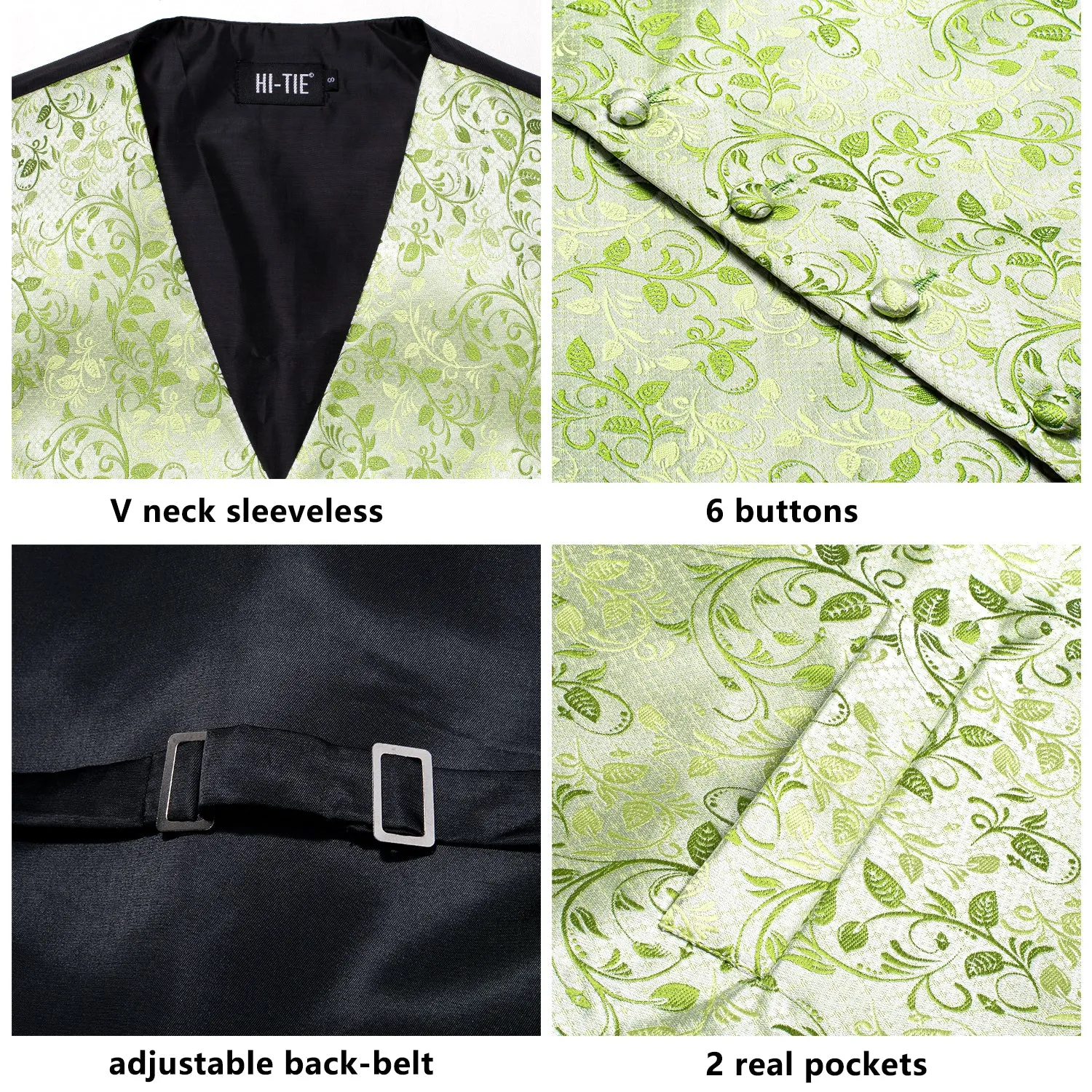 Light Green Leaves Silk Men's Vest Hanky Cufflinks Tie Set Waistcoat Suit Set