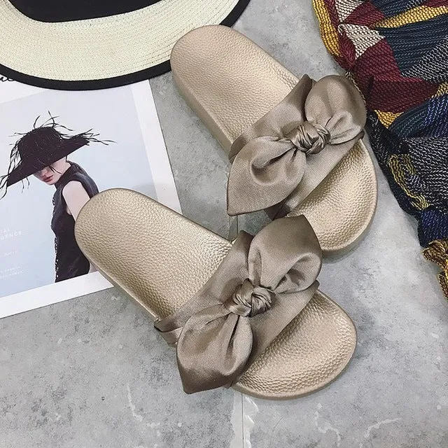 Lotus Jolly Silk Bow Slides Women Summer Beach Shoes Woman No Fur Slippers Flat Heels Flip Flops Ladies Rihanna Bohemia Sandals