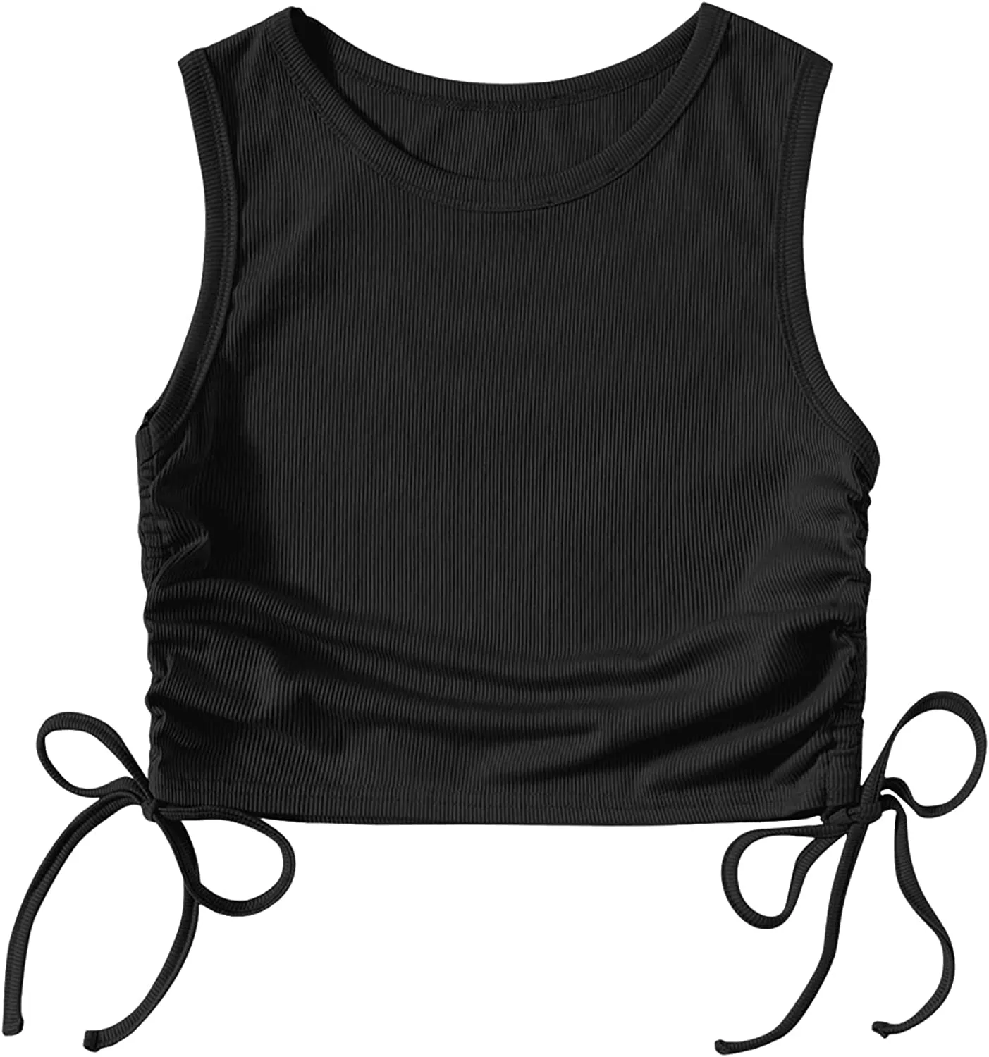 MakeMeChic Women's Casual Round Neck Drawstring Side Sleeveless Crop Tank Top