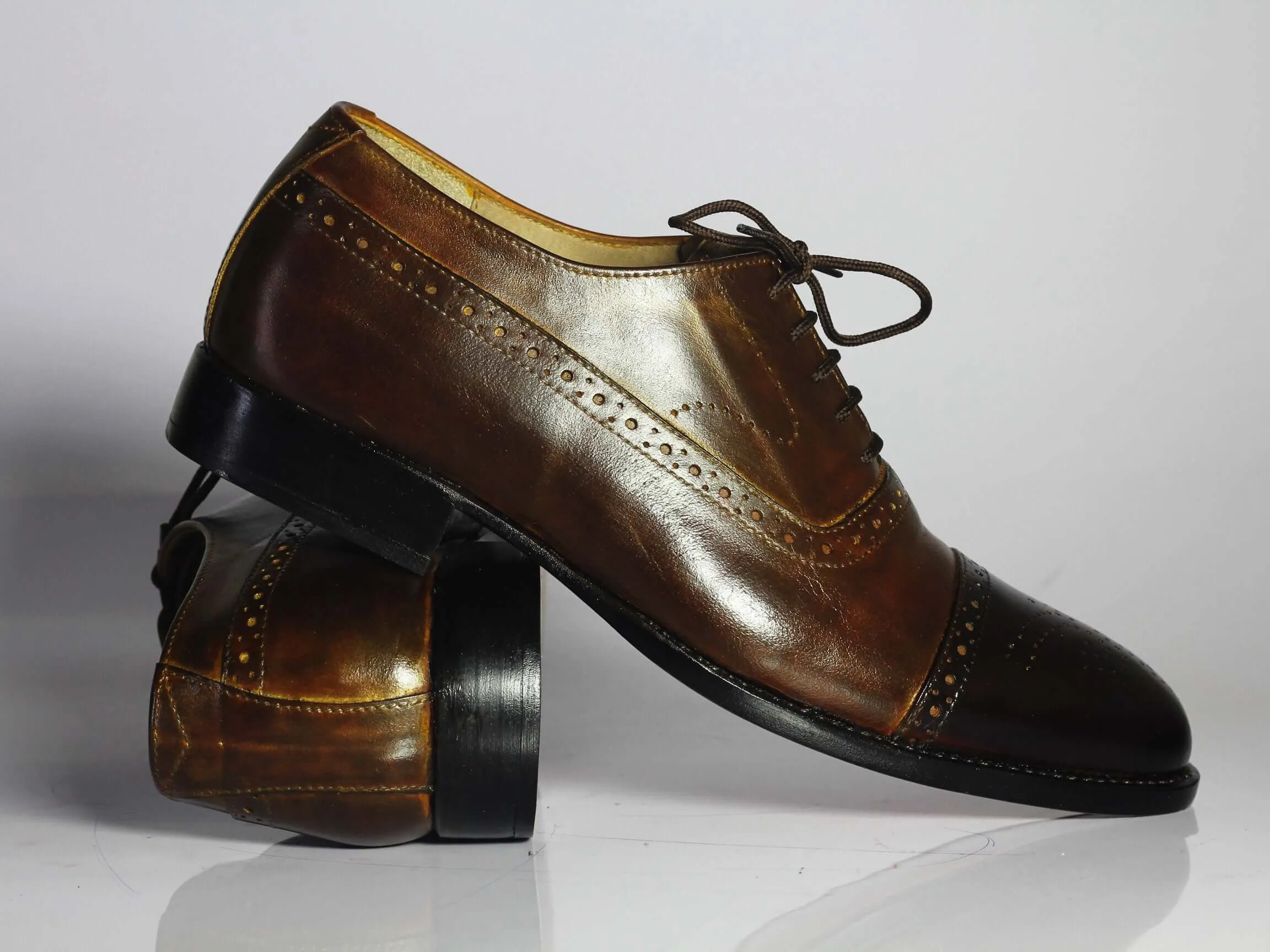 Men's Shoes Chocolate Brown Leather Lace Up Cap Toe Dress Shoes