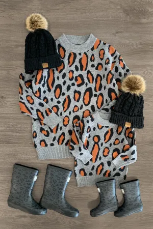 Mom & Me - Gray & Orange Leopard Sweater