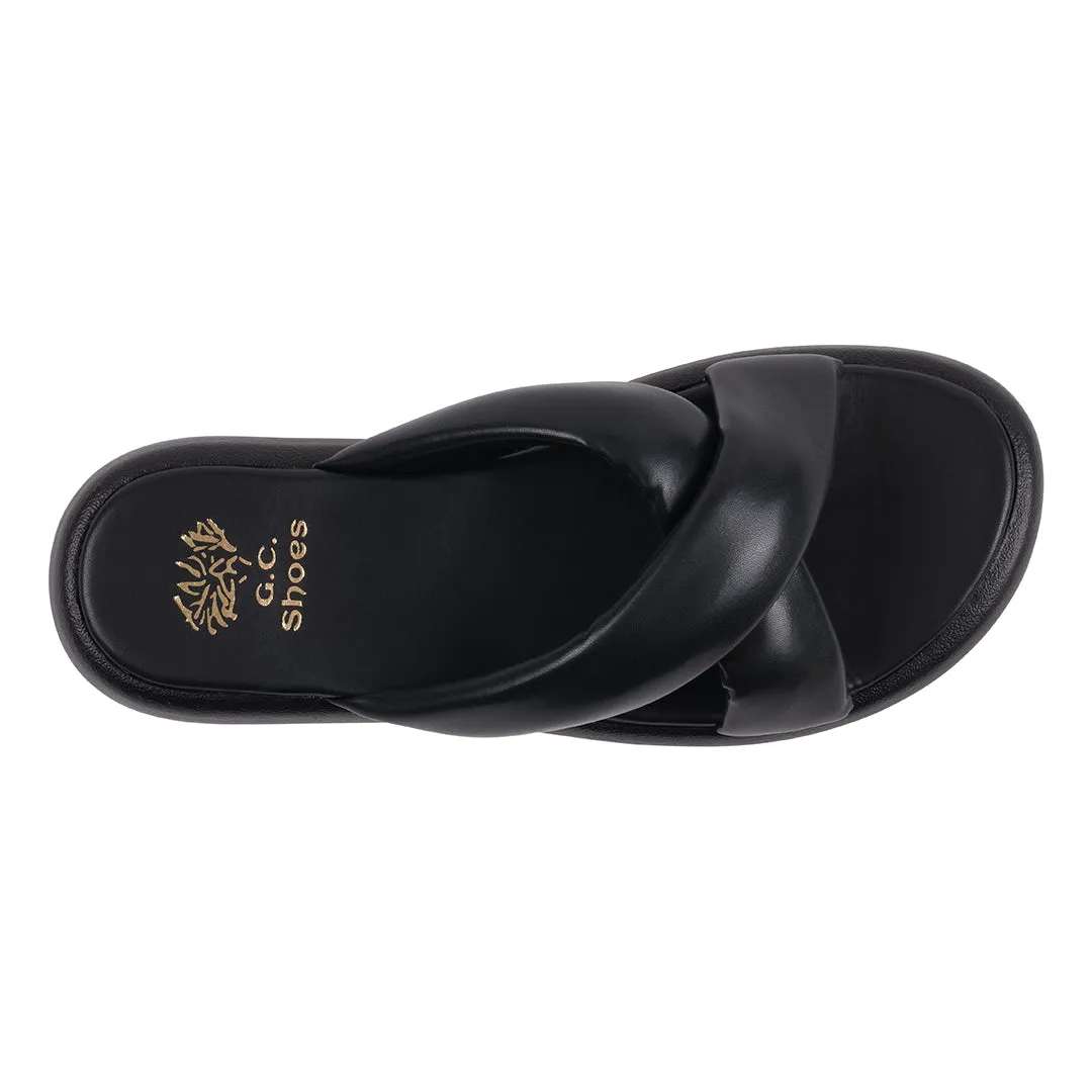 Nalani Black Cross-Strap Slide Flat Sandals